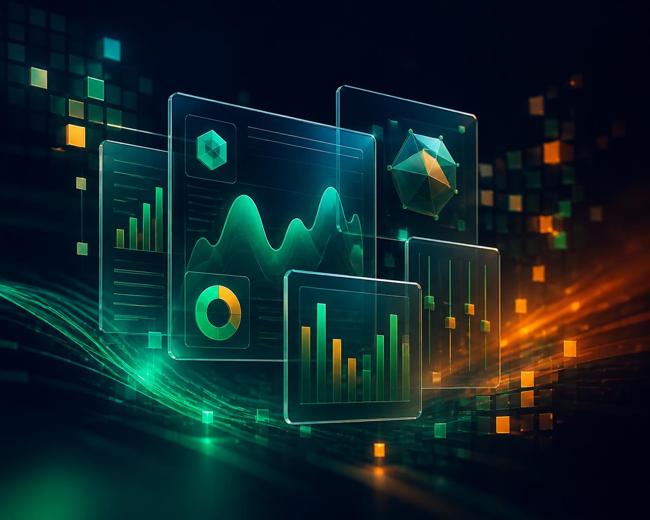 Abstract glass dashboard panels showing digital growth analytics